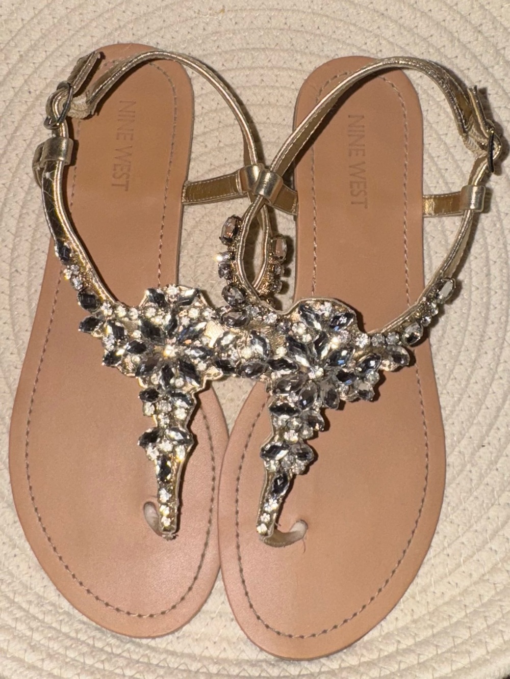 Nine West Metallic Gold Jeweled T-Strap Sandals